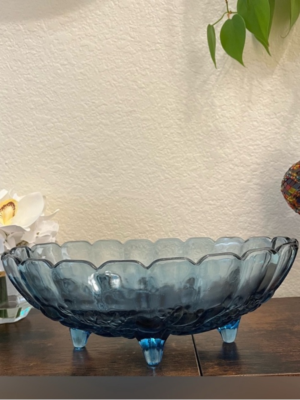 Blue Glass Scalloped Footed Bowl - Decorative Centerpiece